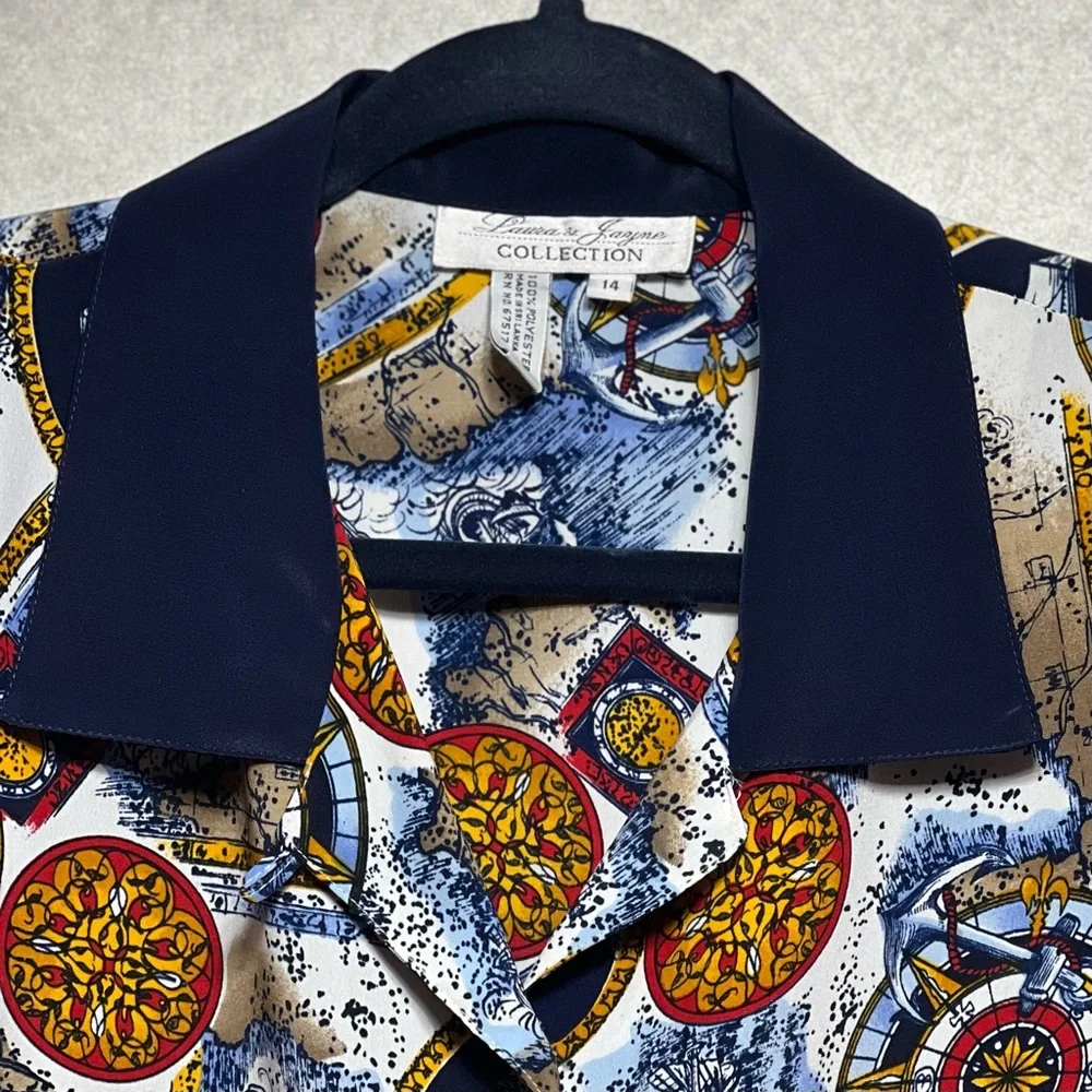 Laura & Jayne Collection Vintage Short Sleeve Multi Color Blouse, Size 14 - Picture 4 of 9